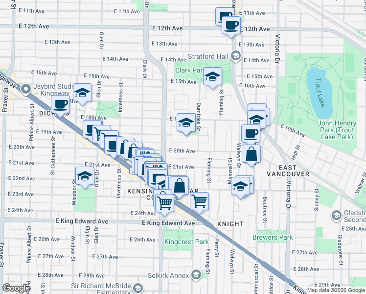 map of restaurants, bars, coffee shops, grocery stores, and more near 1453 East 20th Avenue in Vancouver