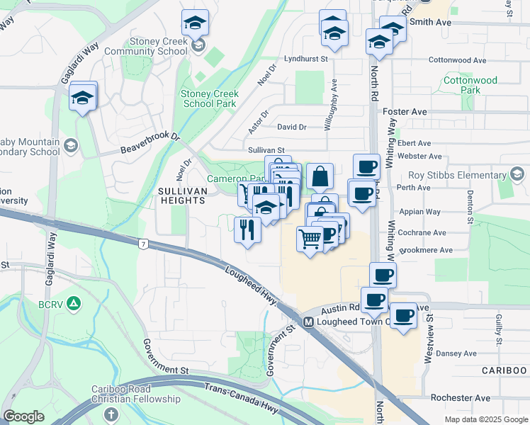 map of restaurants, bars, coffee shops, grocery stores, and more near in Burnaby