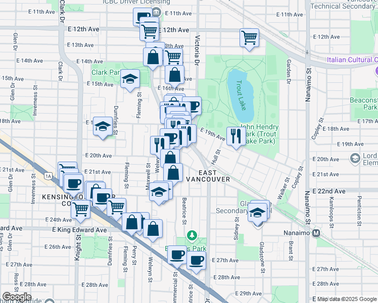 map of restaurants, bars, coffee shops, grocery stores, and more near in Vancouver