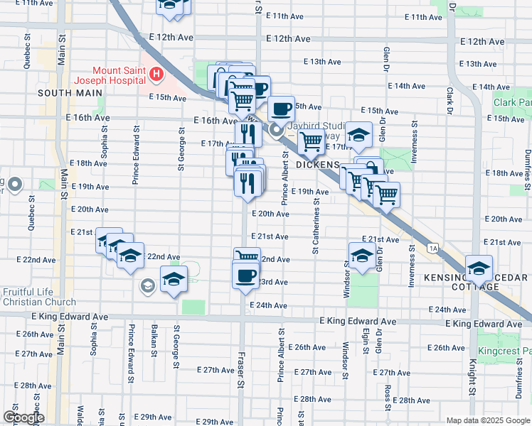 map of restaurants, bars, coffee shops, grocery stores, and more near 739 E 20th Ave in Vancouver