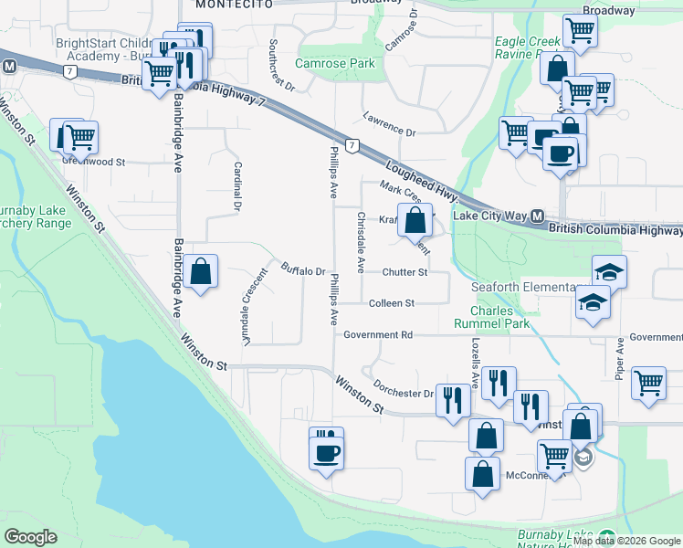 map of restaurants, bars, coffee shops, grocery stores, and more near 3550 Phillips Avenue in Burnaby