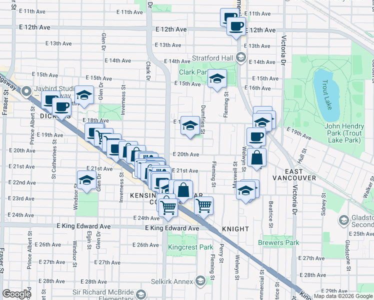 map of restaurants, bars, coffee shops, grocery stores, and more near 1453 East 20th Avenue in Vancouver