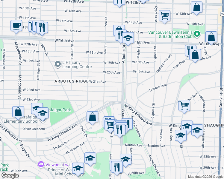 map of restaurants, bars, coffee shops, grocery stores, and more near 2139 West 22nd Avenue in Vancouver