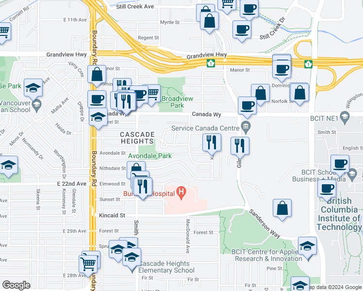 map of restaurants, bars, coffee shops, grocery stores, and more near 3970 Linwood Street in Burnaby