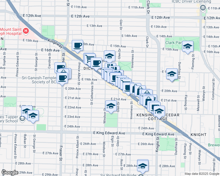 map of restaurants, bars, coffee shops, grocery stores, and more near 1027 East 20th Avenue in Vancouver