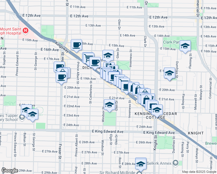 map of restaurants, bars, coffee shops, grocery stores, and more near 1027 East 20th Avenue in Vancouver