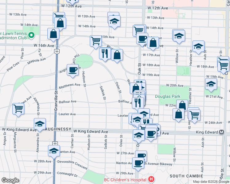 map of restaurants, bars, coffee shops, grocery stores, and more near 3651 Osler Street in Vancouver