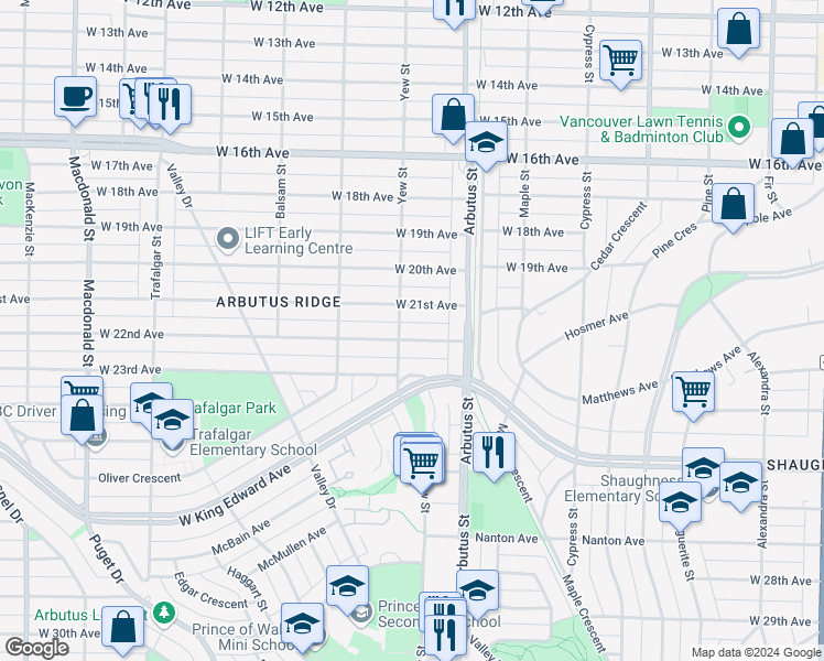 map of restaurants, bars, coffee shops, grocery stores, and more near 2181 West 22nd Avenue in Vancouver