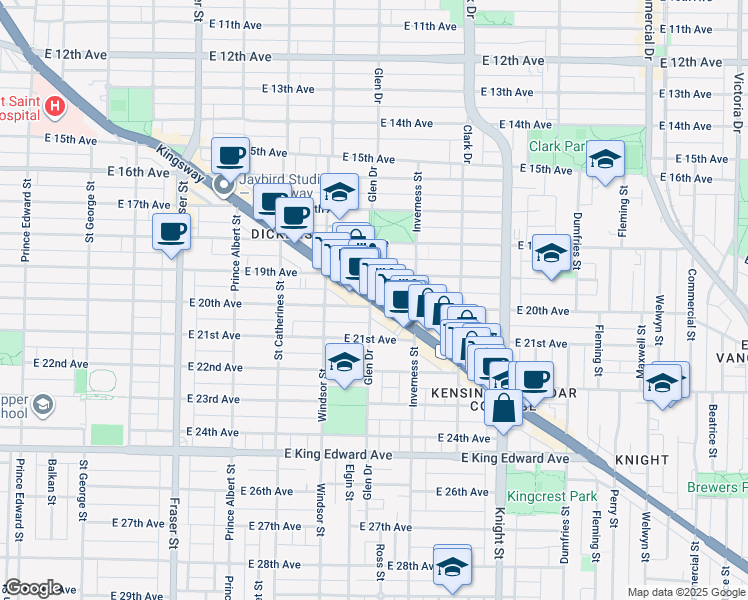 map of restaurants, bars, coffee shops, grocery stores, and more near 1108 Kingsway in Vancouver