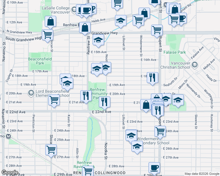 map of restaurants, bars, coffee shops, grocery stores, and more near 3018 East 19th Avenue in Vancouver