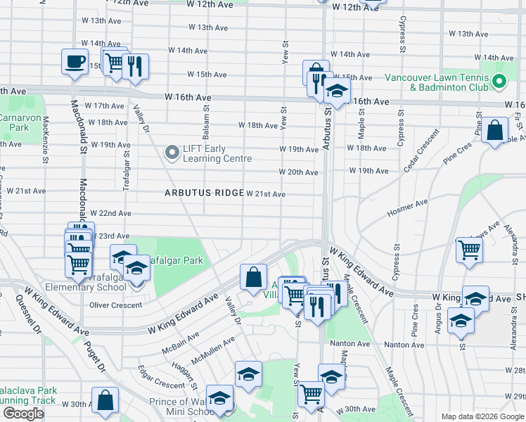 map of restaurants, bars, coffee shops, grocery stores, and more near 2245 West 22nd Avenue in Vancouver