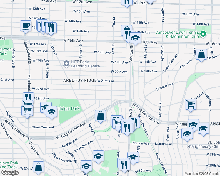 map of restaurants, bars, coffee shops, grocery stores, and more near 2205 West 22nd Avenue in Vancouver