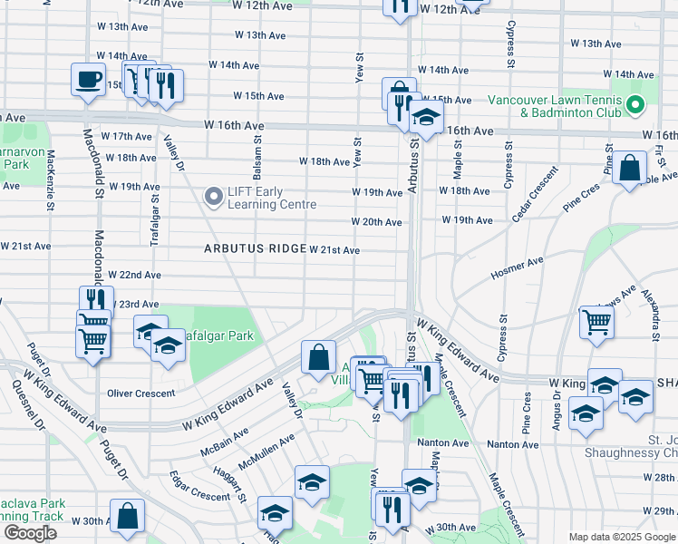 map of restaurants, bars, coffee shops, grocery stores, and more near 2225 West 22nd Avenue in Vancouver