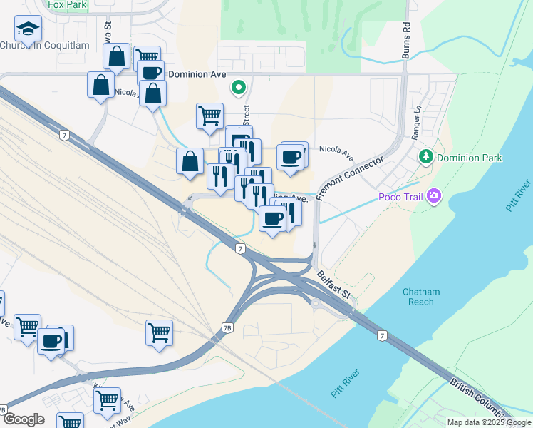 map of restaurants, bars, coffee shops, grocery stores, and more near 850 Village Drive in Port Coquitlam