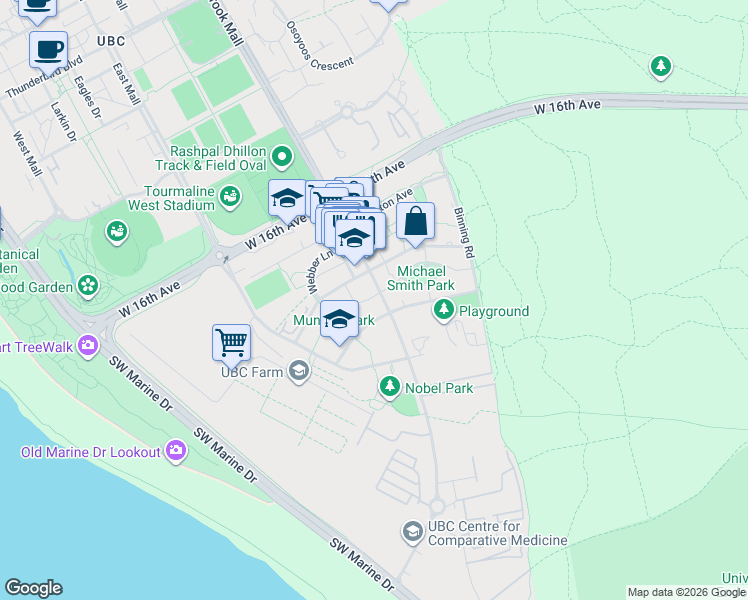 map of restaurants, bars, coffee shops, grocery stores, and more near 3479 Wesbrook Mall in University Endowment Lands
