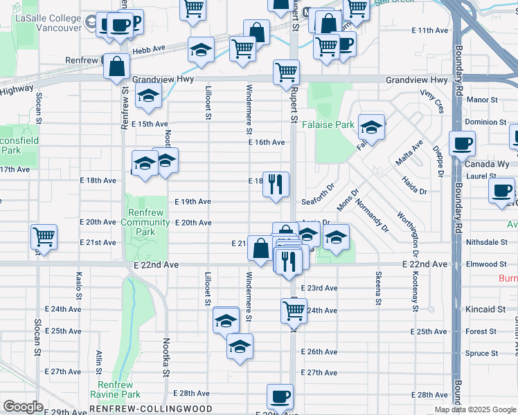 map of restaurants, bars, coffee shops, grocery stores, and more near 3220 East 19th Avenue in Vancouver