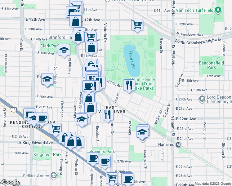 map of restaurants, bars, coffee shops, grocery stores, and more near 3553 Hull Street in Vancouver