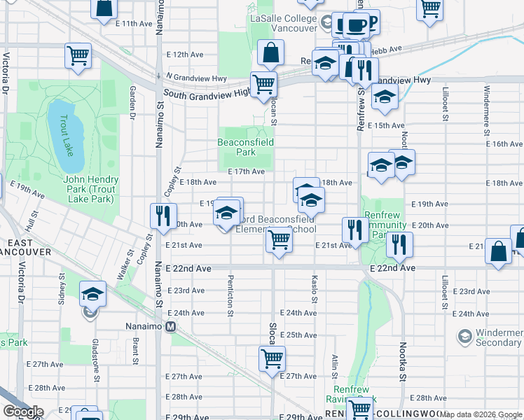 map of restaurants, bars, coffee shops, grocery stores, and more near 2688 East 19th Avenue in Vancouver