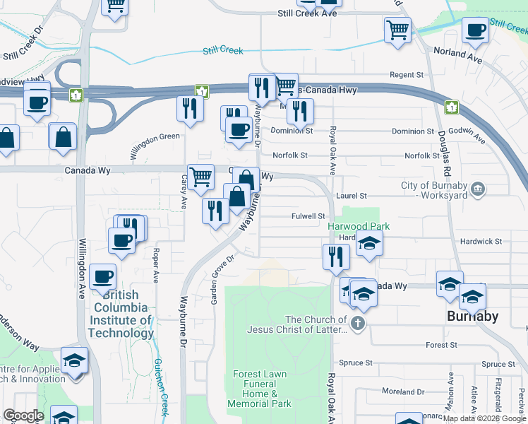 map of restaurants, bars, coffee shops, grocery stores, and more near 4911 Fulwell Street in Burnaby
