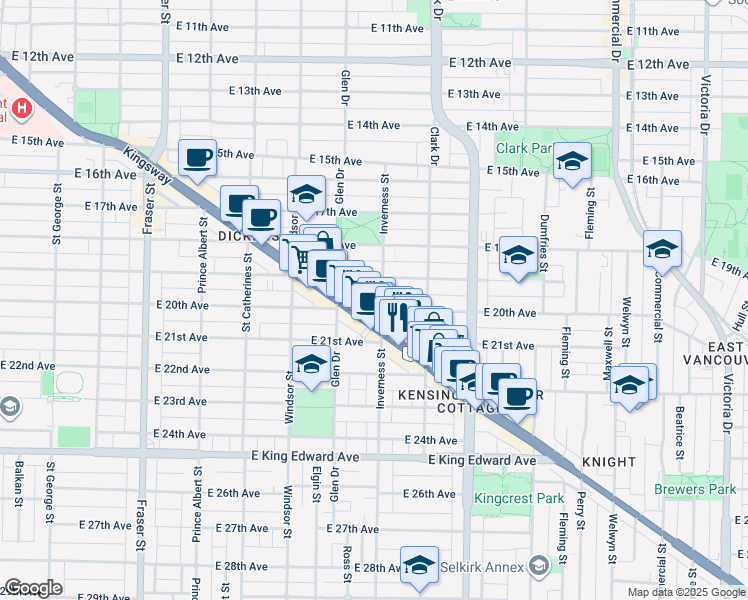map of restaurants, bars, coffee shops, grocery stores, and more near 3561 Inverness Street in Vancouver