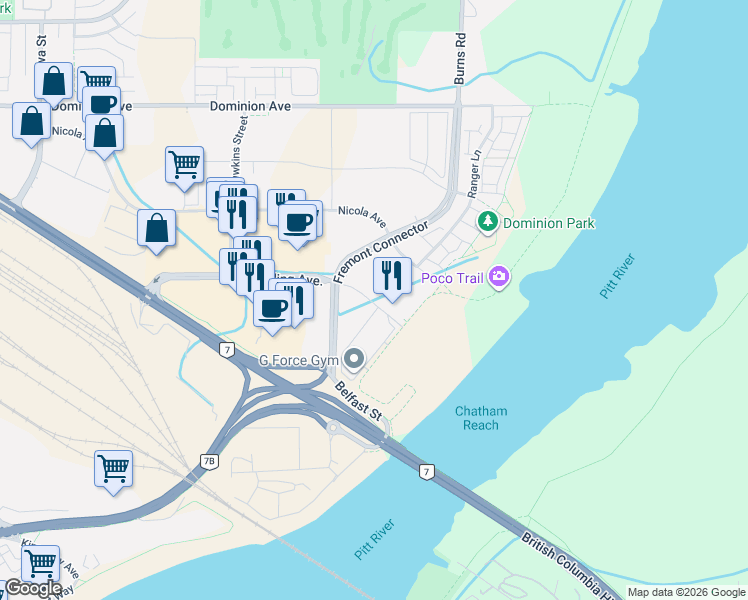 map of restaurants, bars, coffee shops, grocery stores, and more near 573 Sherling Place in Port Coquitlam