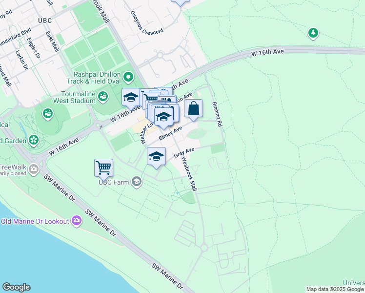 map of restaurants, bars, coffee shops, grocery stores, and more near 3478 Wesbrook Mall in Vancouver