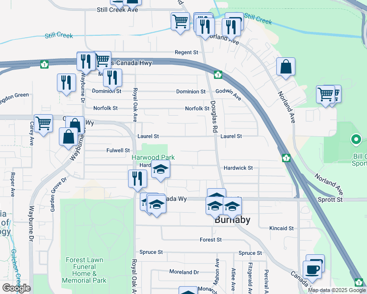 map of restaurants, bars, coffee shops, grocery stores, and more near 5457 Hardy Court in Burnaby