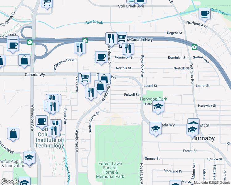 map of restaurants, bars, coffee shops, grocery stores, and more near 4949 Fulwell Street in Burnaby