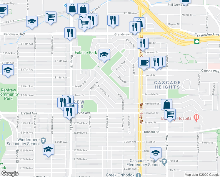 map of restaurants, bars, coffee shops, grocery stores, and more near 3462 Worthington Drive in Vancouver