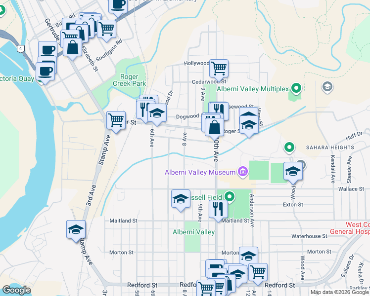 map of restaurants, bars, coffee shops, grocery stores, and more near 4217 8 Avenue in Port Alberni