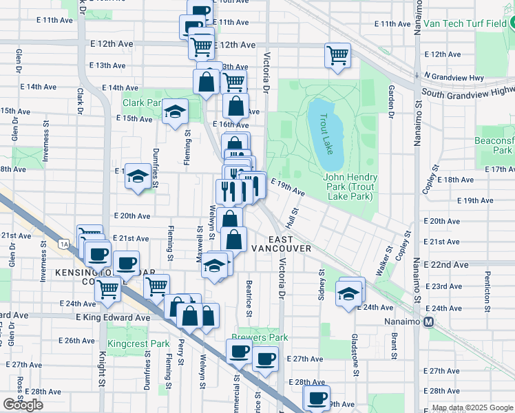 map of restaurants, bars, coffee shops, grocery stores, and more near 1888 Victoria Diversion in Vancouver