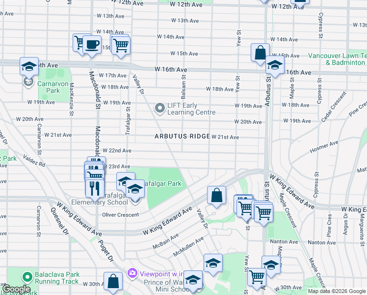 map of restaurants, bars, coffee shops, grocery stores, and more near 2395 West 22nd Avenue in Vancouver