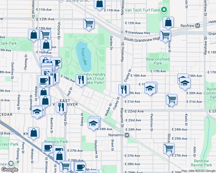 map of restaurants, bars, coffee shops, grocery stores, and more near 3469 Garden Drive in Vancouver