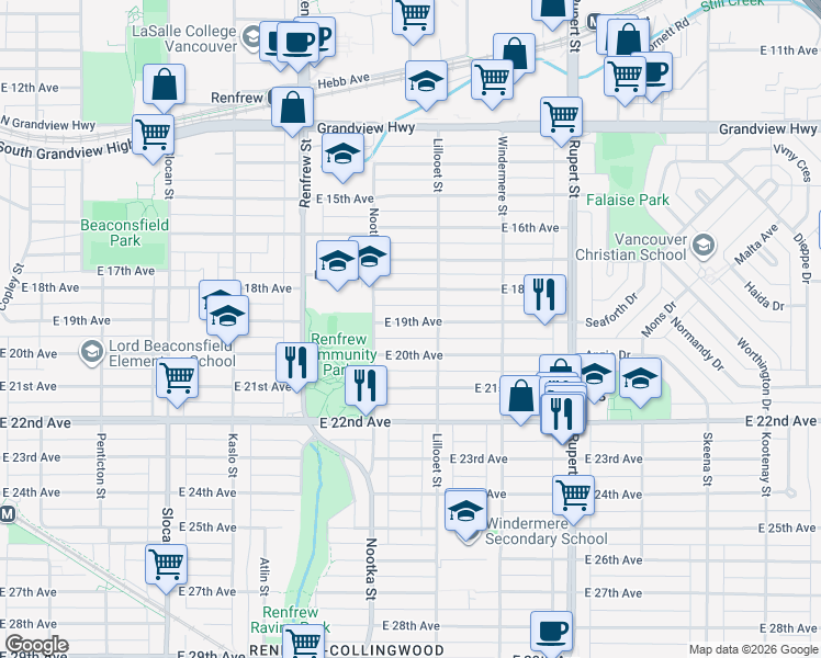 map of restaurants, bars, coffee shops, grocery stores, and more near 3062 East 19th Avenue in Vancouver