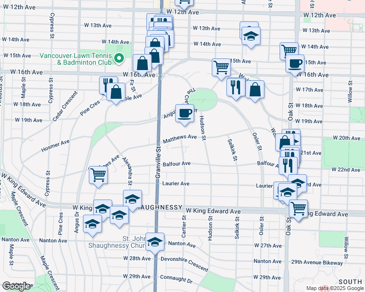 map of restaurants, bars, coffee shops, grocery stores, and more near 3690 Cartier Street in Vancouver