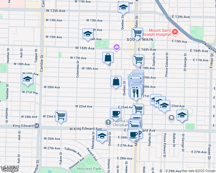 map of restaurants, bars, coffee shops, grocery stores, and more near 15 West 20th Avenue in Vancouver