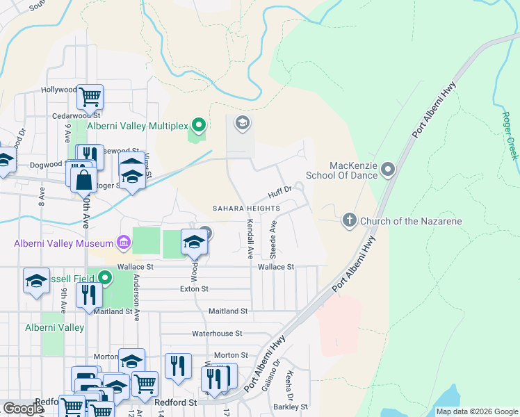 map of restaurants, bars, coffee shops, grocery stores, and more near 3596 Huff Drive in Port Alberni