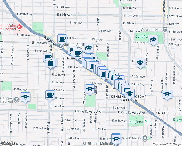 map of restaurants, bars, coffee shops, grocery stores, and more near 1680 Kingsway in Vancouver