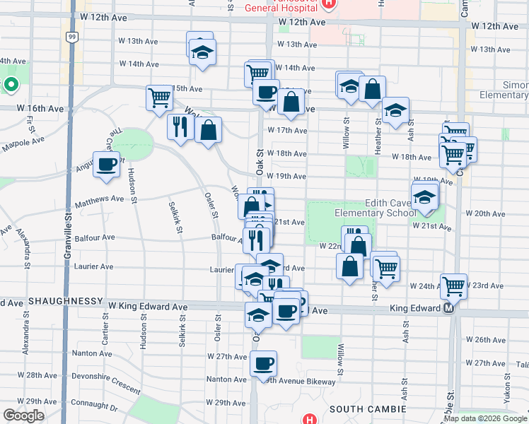 map of restaurants, bars, coffee shops, grocery stores, and more near 3662 Oak Street in Vancouver