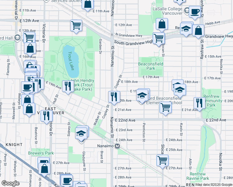 map of restaurants, bars, coffee shops, grocery stores, and more near 2410 East 19th Avenue in Vancouver