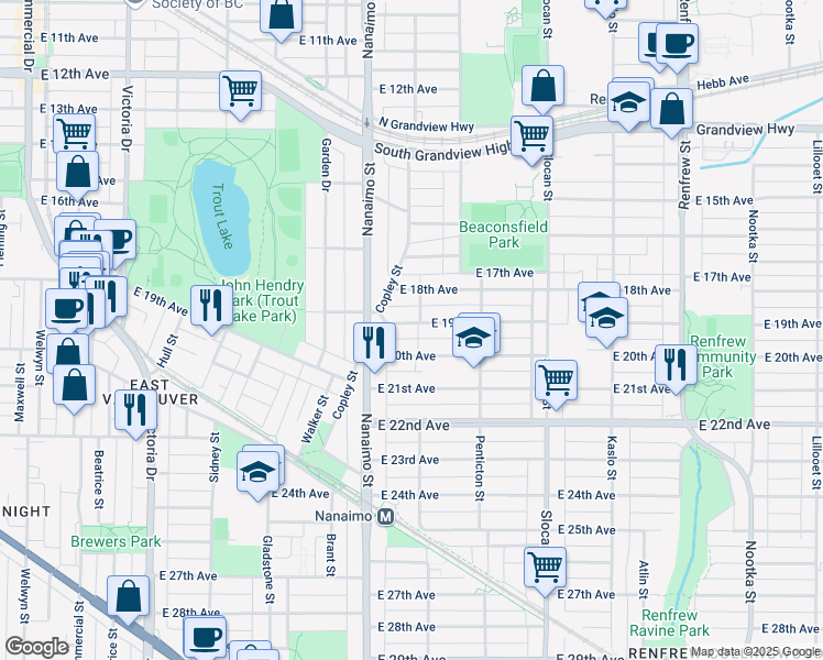 map of restaurants, bars, coffee shops, grocery stores, and more near 2464 East 19th Avenue in Vancouver