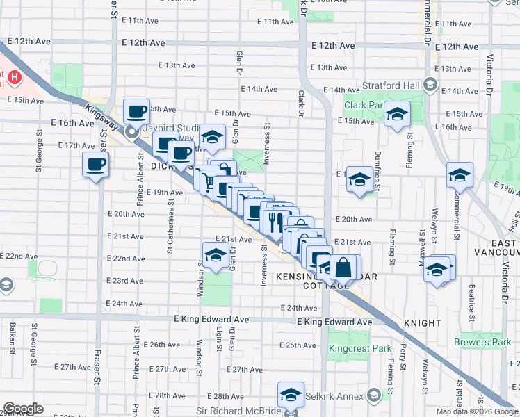 map of restaurants, bars, coffee shops, grocery stores, and more near 3553 Inverness Street in Vancouver