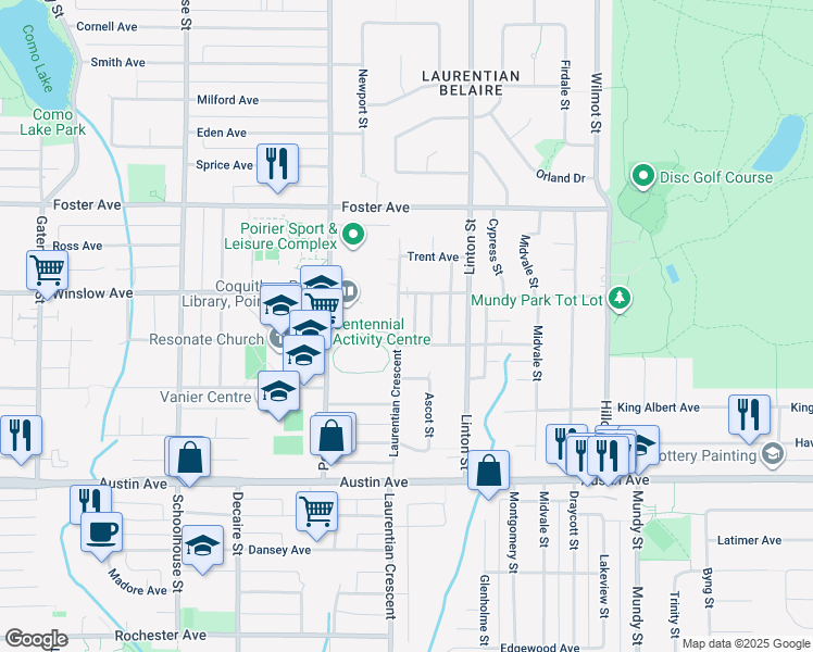map of restaurants, bars, coffee shops, grocery stores, and more near 605 Laurentian Crescent in Coquitlam