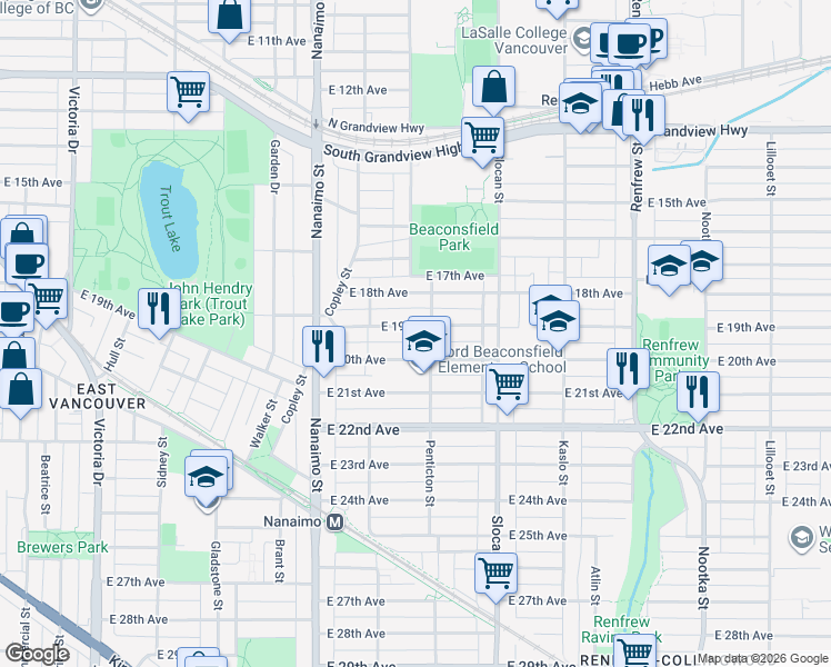 map of restaurants, bars, coffee shops, grocery stores, and more near 2580 East 19th Avenue in Vancouver
