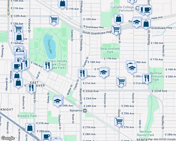 map of restaurants, bars, coffee shops, grocery stores, and more near 2456 East 19th Avenue in Vancouver