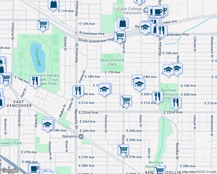 map of restaurants, bars, coffee shops, grocery stores, and more near 2604 East 19th Avenue in Vancouver