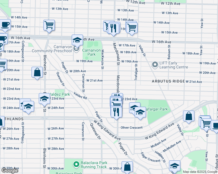 map of restaurants, bars, coffee shops, grocery stores, and more near 2855 West 22nd Avenue in Vancouver