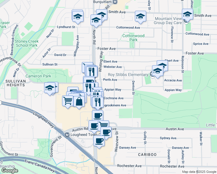 map of restaurants, bars, coffee shops, grocery stores, and more near 525 Appian Way in Coquitlam