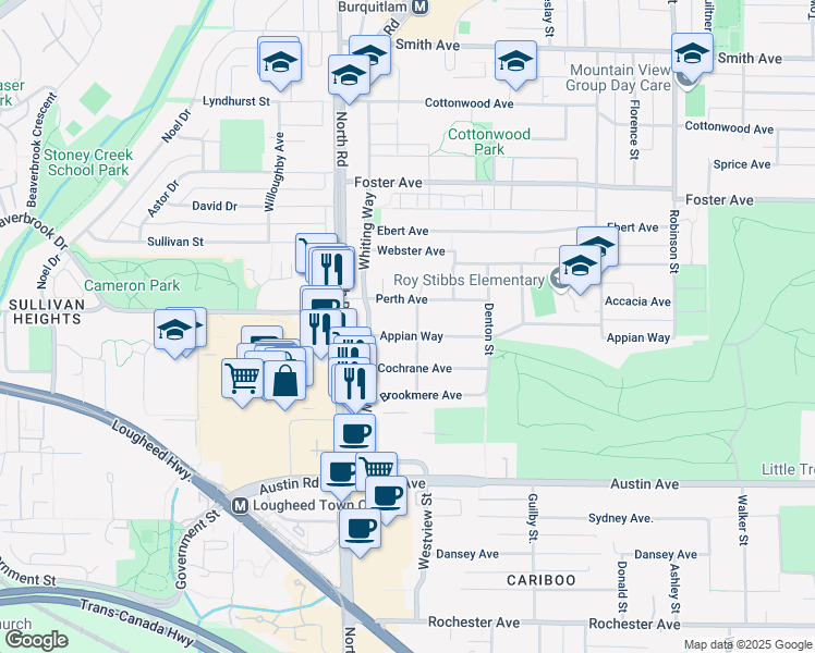 map of restaurants, bars, coffee shops, grocery stores, and more near 529 Appian Way in Coquitlam