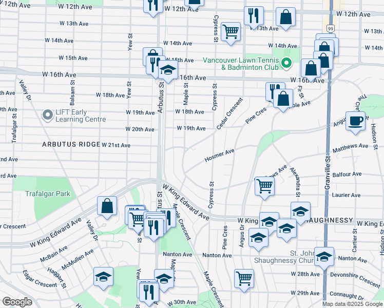 map of restaurants, bars, coffee shops, grocery stores, and more near 1980 Cedar Crescent in Vancouver